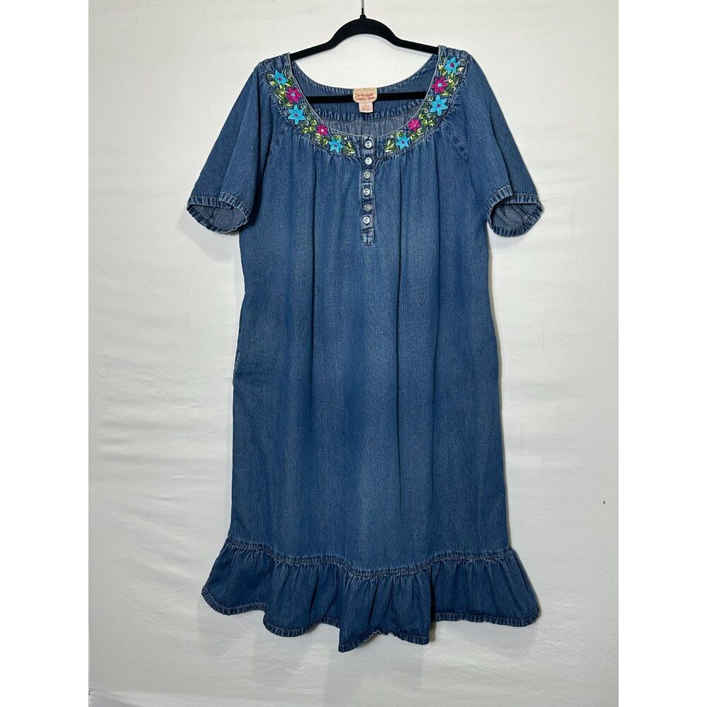 The Vermont Country Store Women's Denim Midi Dress Size L Pockets Embroidered